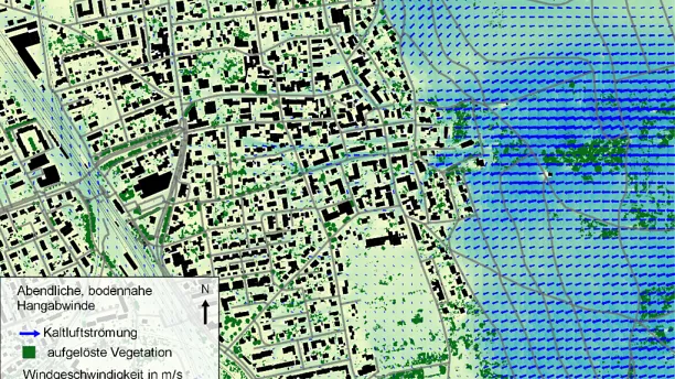 Stadtquartiere haben je nach Versiegelung, Bebauungsdichte, Begrünung und Durchlüftung unterschiedliche Klimatope